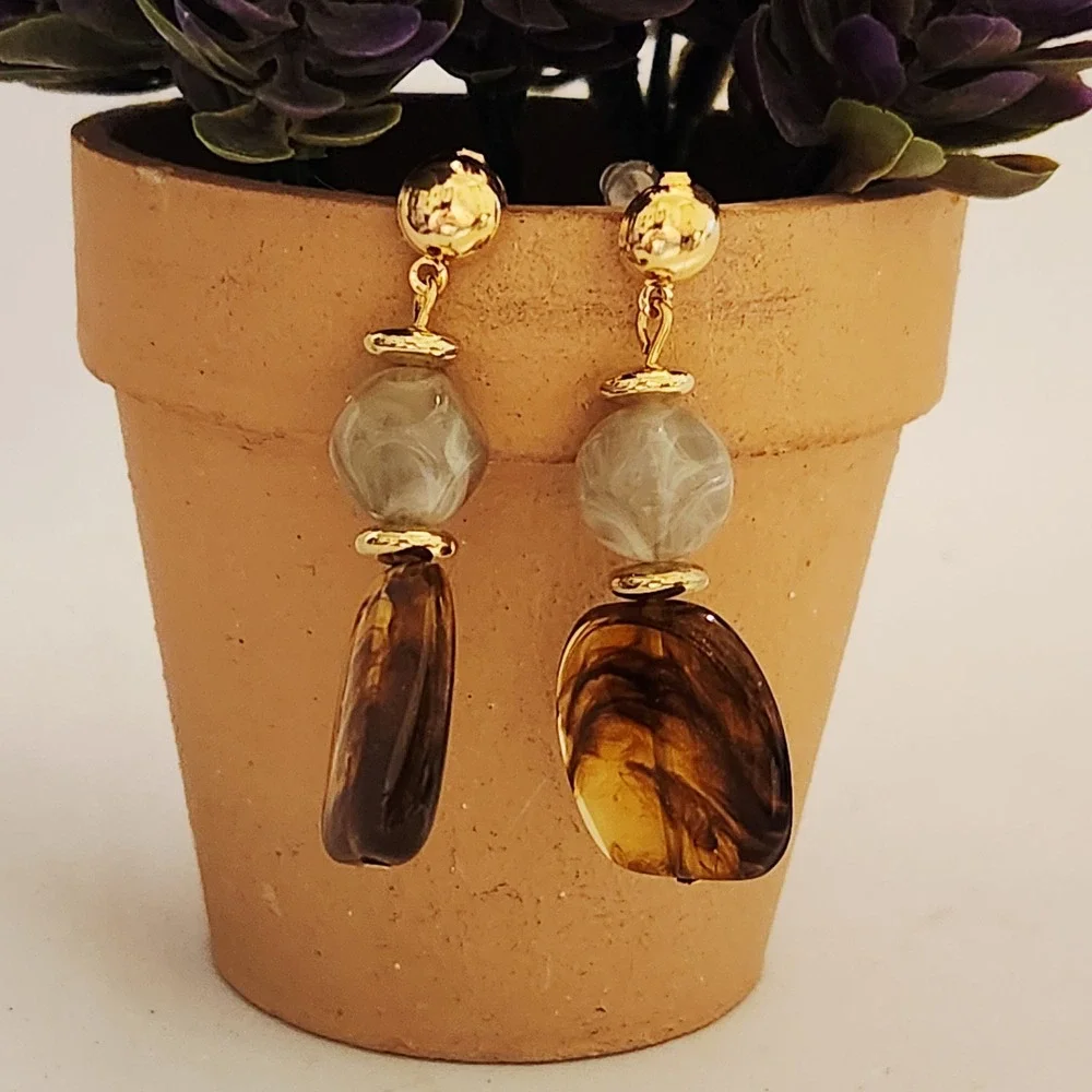 Amber Marbled Resin Drop Earrings‎ Gold Tone Ball Stud Dangle Bohemian Jewelry